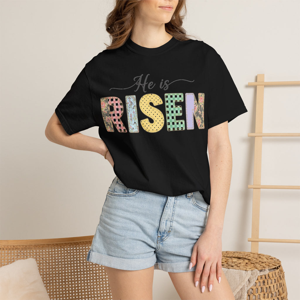He Is Risen Pastel Patch Shirt, Easter Faux Stitch Letter Tee, Christian Spring Shirt, Easter Gift