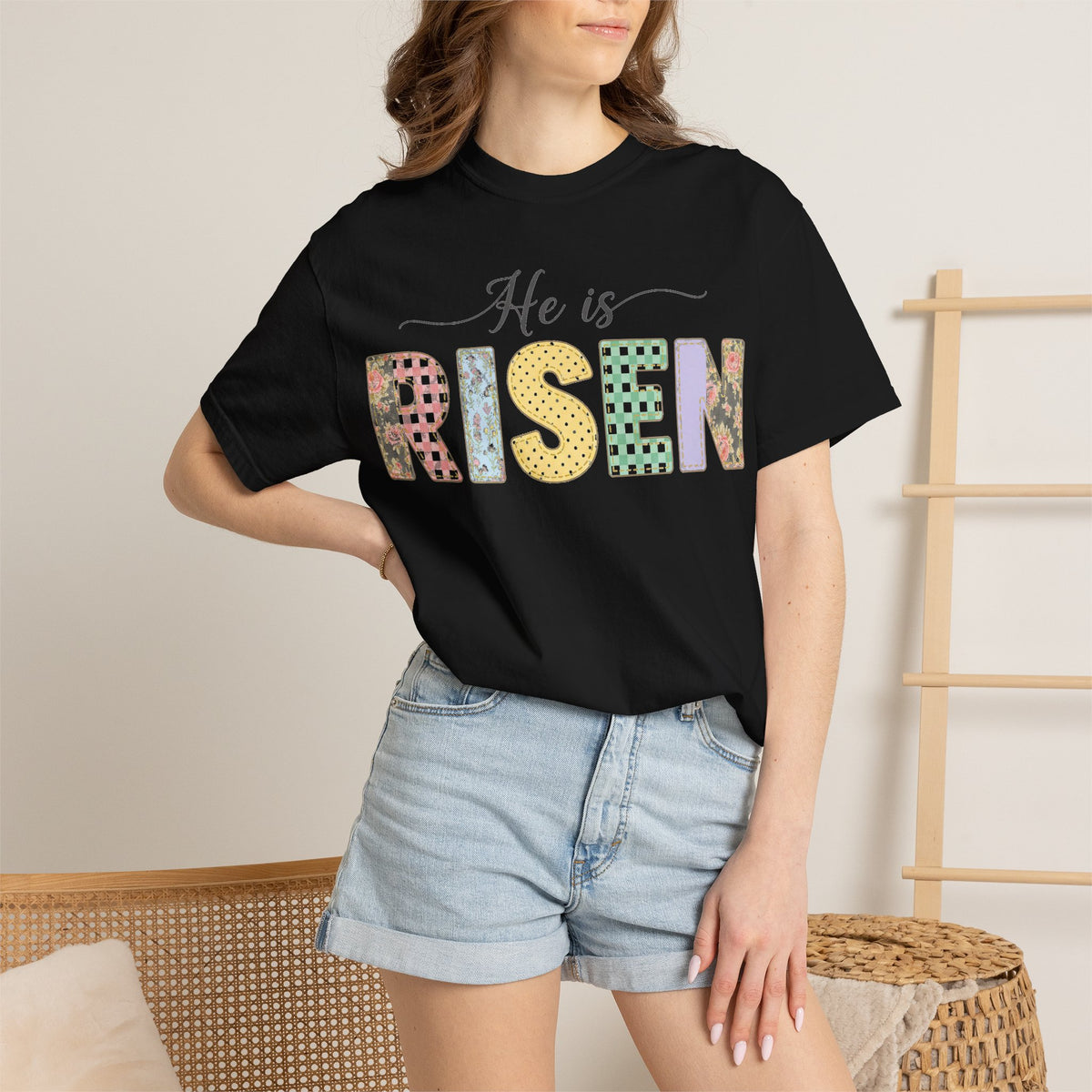 He Is Risen Pastel Patch Shirt, Easter Faux Stitch Letter Tee, Christian Spring Shirt, Easter Gift