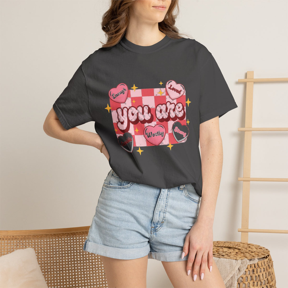 You Are Enough Pink Check Shirt, Affirmation Conversation Heart Tee, Valentines Shirt, Self Love Gift