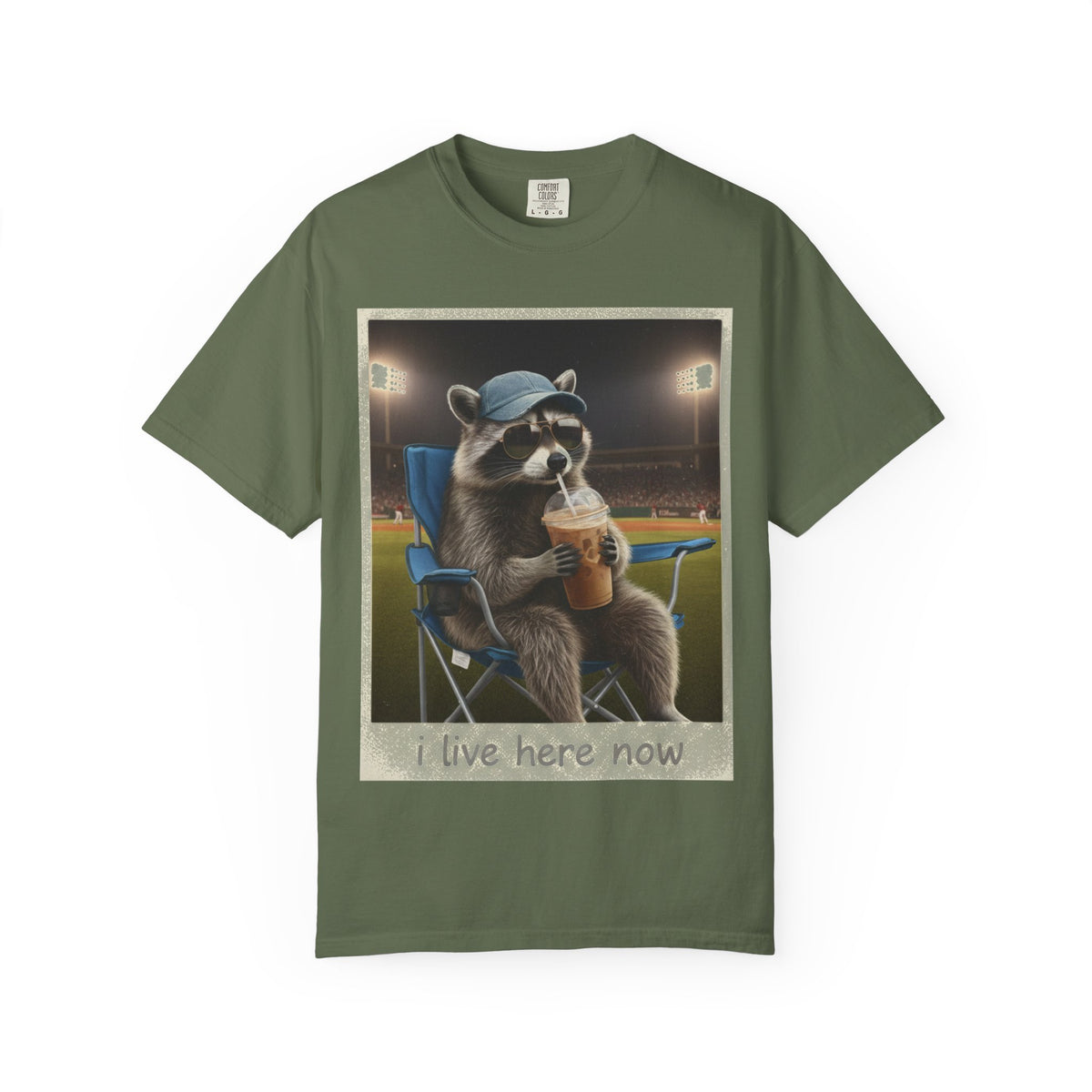 Baseball Raccoon Shirt, I Live Here Now Tee, Funny Ballpark Iced Coffee Shirt, Baseball Mom Gift