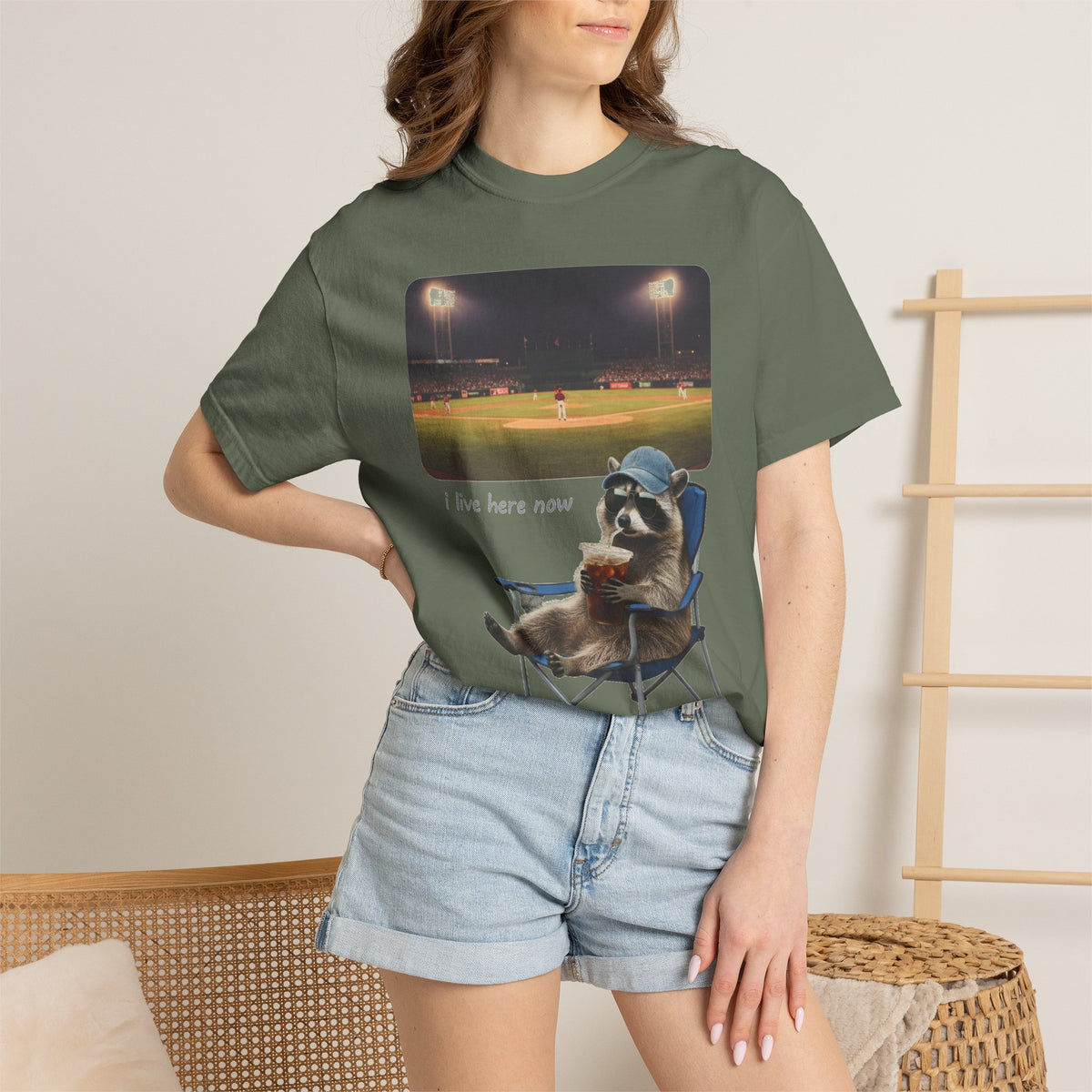 I Live Here Now Ballpark Raccoon Shirt, Funny Baseball Parent Tee, Camp Chair Raccoon Shirt, Sports Mom Gift