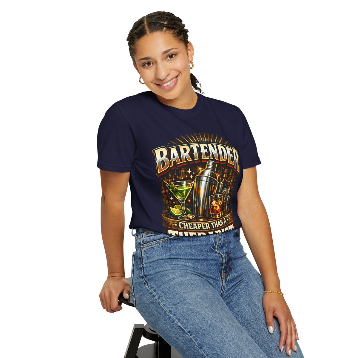 Bartender T-Shirt — "Bartender: Cheaper Than a Therapist" Vintage Bar Graphic Tee