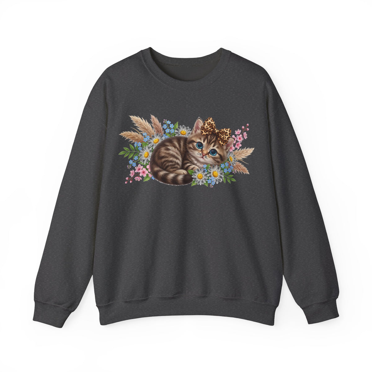 Cute Kitten Sweatshirt, Leopard Bow Floral Cat Sweatshirt, Coquette Cat Lover Gift, Tabby Kitten Pampas Flowers Sweatshirt, Cat Mom Boho Swe