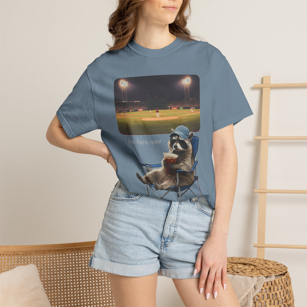 I Live Here Now Ballpark Raccoon Shirt, Funny Baseball Parent Tee, Camp Chair Raccoon Shirt, Sports Mom Gift