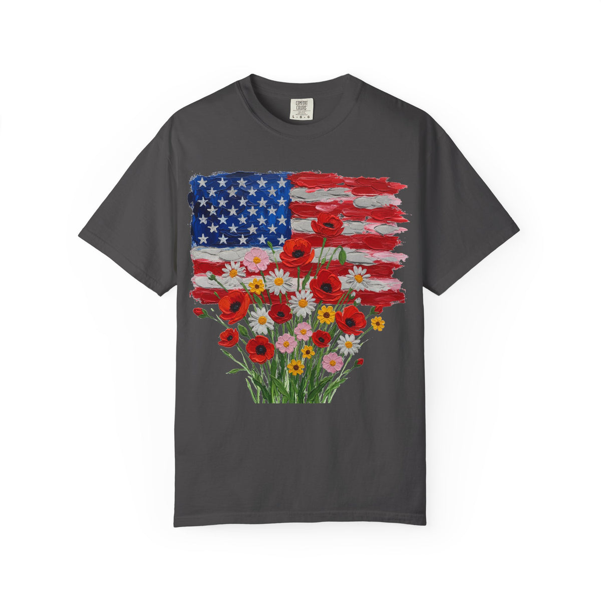 American Flag Poppy Bouquet Shirt, Impasto Patriotic Floral Tee, Memorial Day Shirt, Veterans Gift