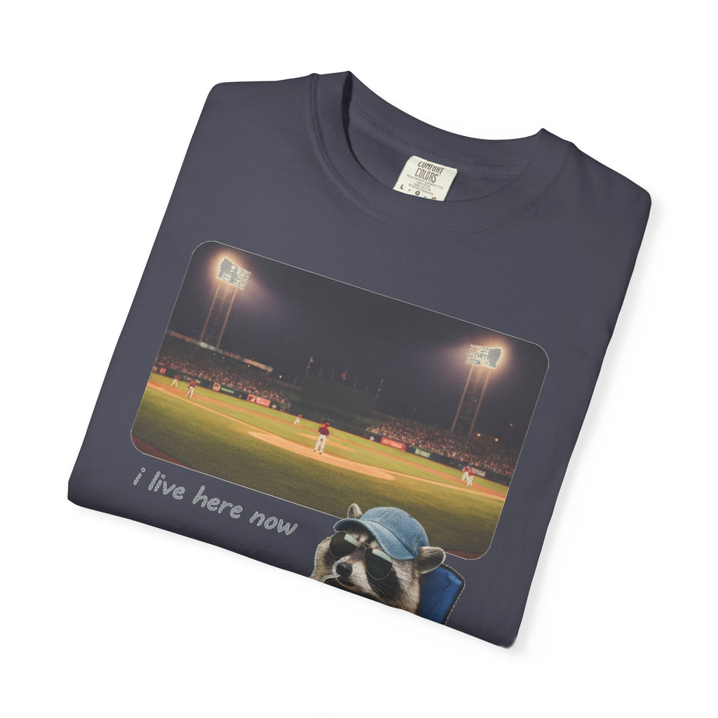 I Live Here Now Ballpark Raccoon Shirt, Funny Baseball Parent Tee, Camp Chair Raccoon Shirt, Sports Mom Gift