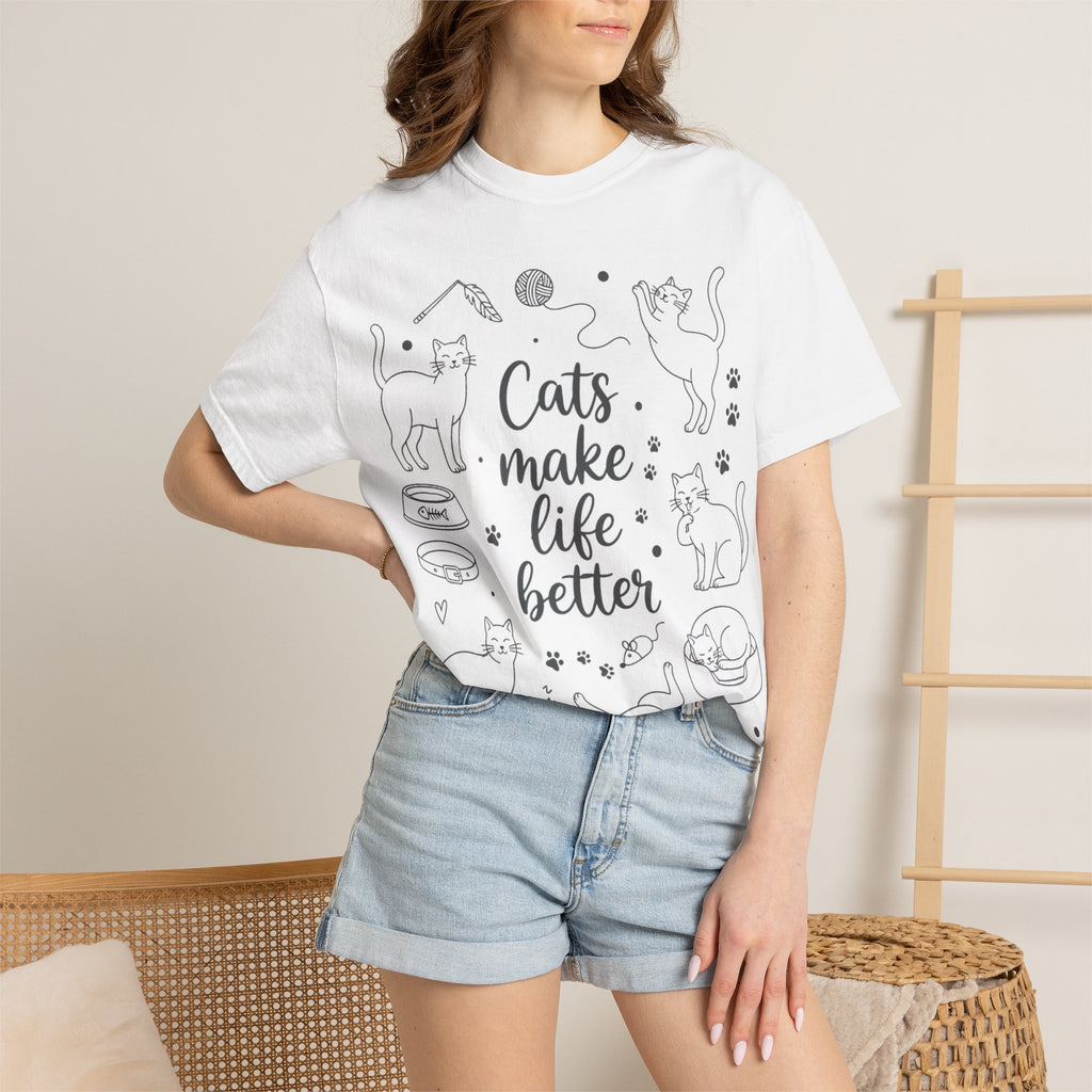 Cats Make Life Better Tall Shirt, Line Art Cat Collage Tee, Cat Lover Shirt, Cat Mom Gift