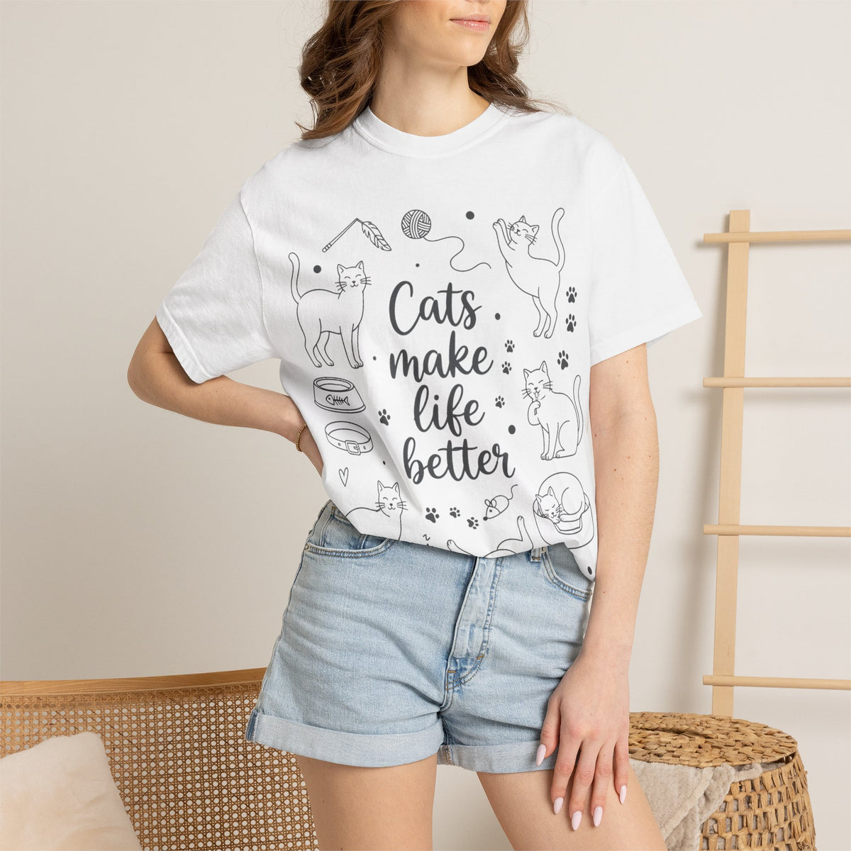 Cats Make Life Better Tall Shirt, Line Art Cat Collage Tee, Cat Lover Shirt, Cat Mom Gift