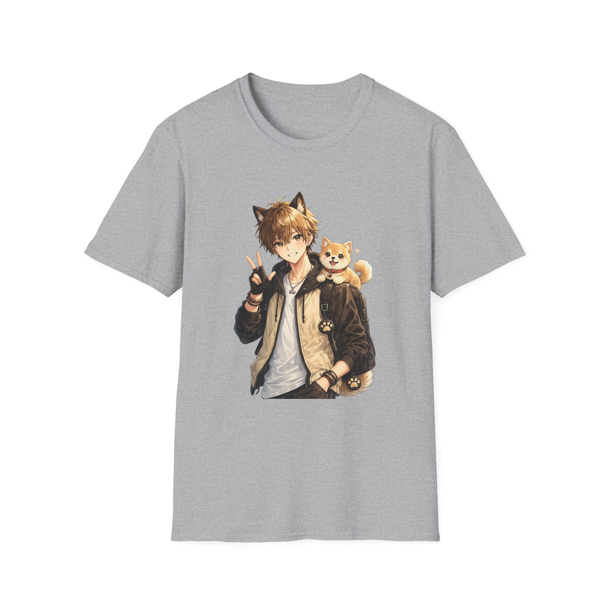 Anime Boy with Shiba Inu T-Shirt — Cute Kawaii Cat-Eared Character Tee