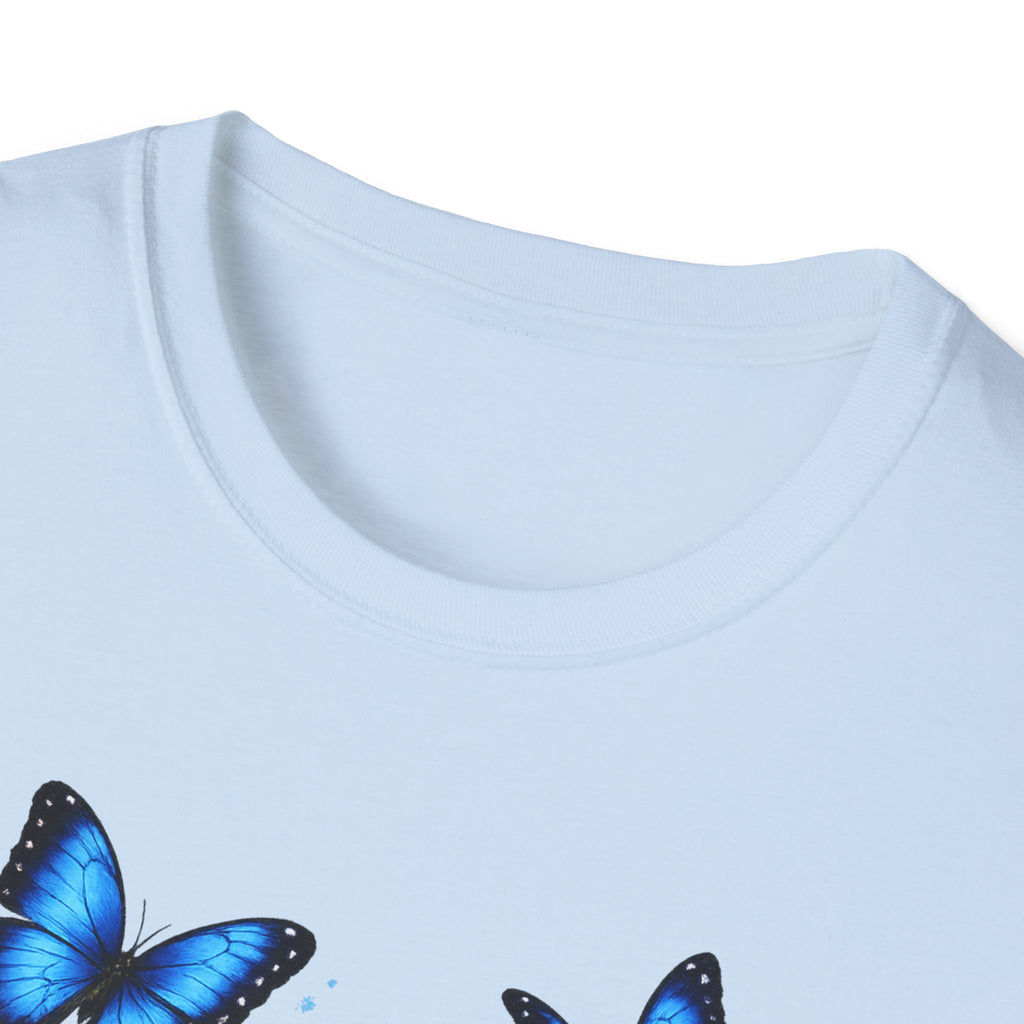 Rose and Blue Butterflies T-Shirt — Floral Garden Tee for Spring & Gifts