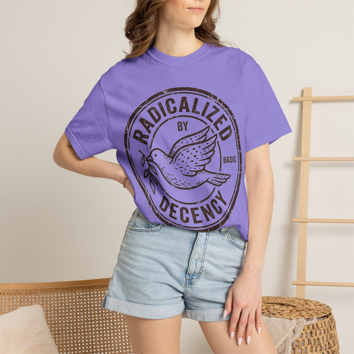 Radicalized By Basic Decency Brown Stamp Shirt, Flying Dove Badge Tee, Kindness Activist Shirt, Ally Gift