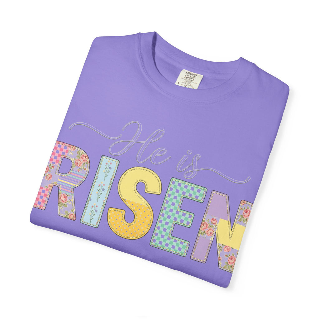 He Is Risen Floral Applique Shirt, Rose Gingham Easter Tee, Christian Patchwork Shirt, Easter Gift