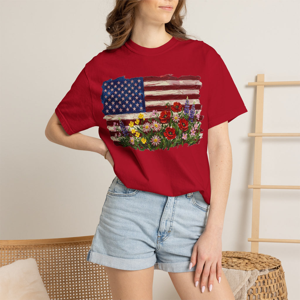 Painted Flag Wildflower Meadow Shirt, Impasto Americana Floral Tee, Patriotic Shirt, Independence Day Gift