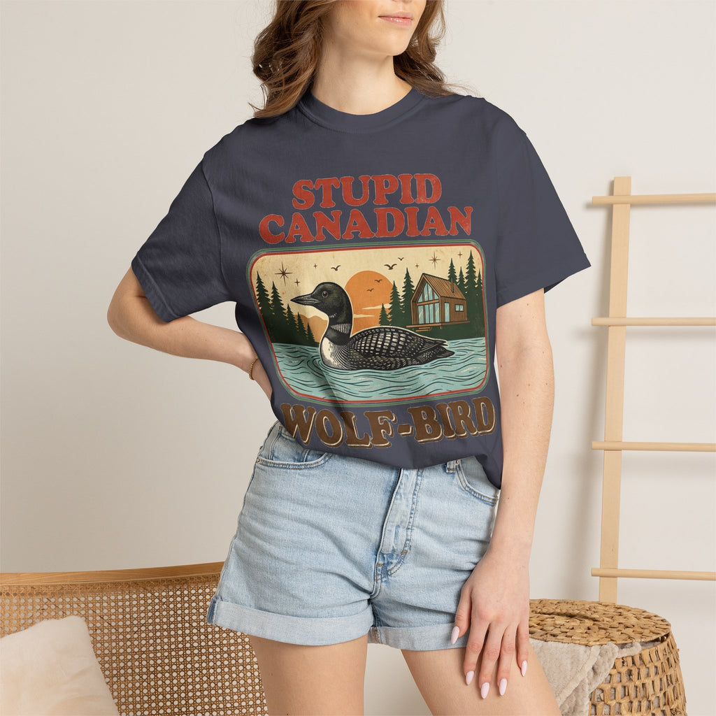 Stupid Canadian Wolf-Bird Shirt, Retro Loon Lake Badge Tee, Funny Canada Cabin Shirt, Lake Life Gift
