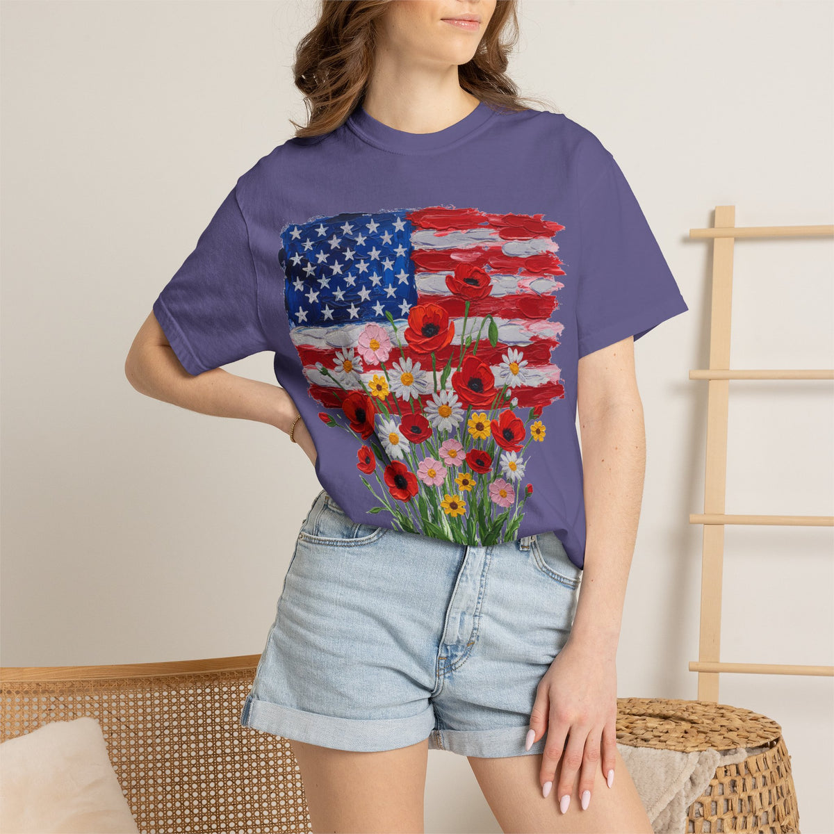 American Flag Poppy Bouquet Shirt, Impasto Patriotic Floral Tee, Memorial Day Shirt, Veterans Gift