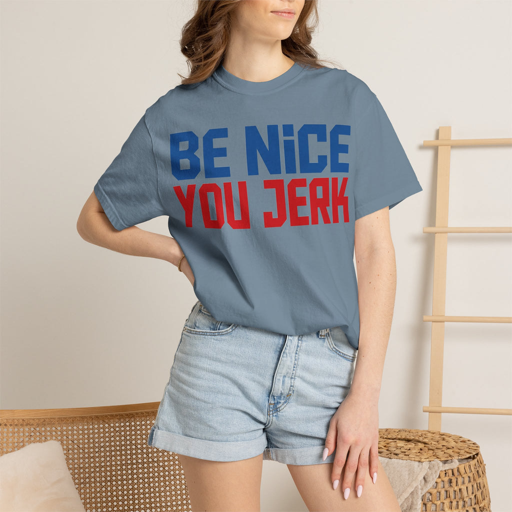 Be Nice You Jerk Condensed Shirt, Funny Snarky Quote Tee, Red And Blue Type Shirt, Sarcastic Gift