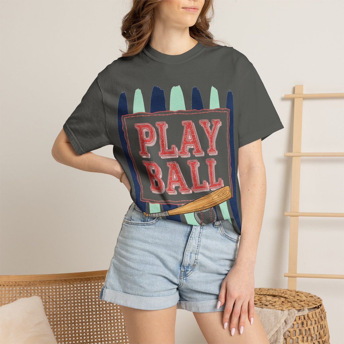 Play Ball Tall Stripe Shirt, Painted Baseball Panel Tee, Game Day Baseball Shirt, Sports Mom Gift