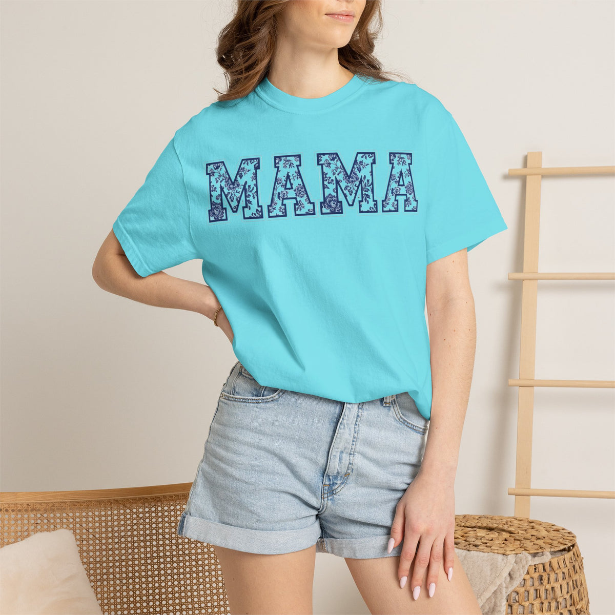 Mama Delft Blue Floral Shirt, Toile Varsity Applique Tee, Grandmillennial Mom Shirt, Mothers Day Gift