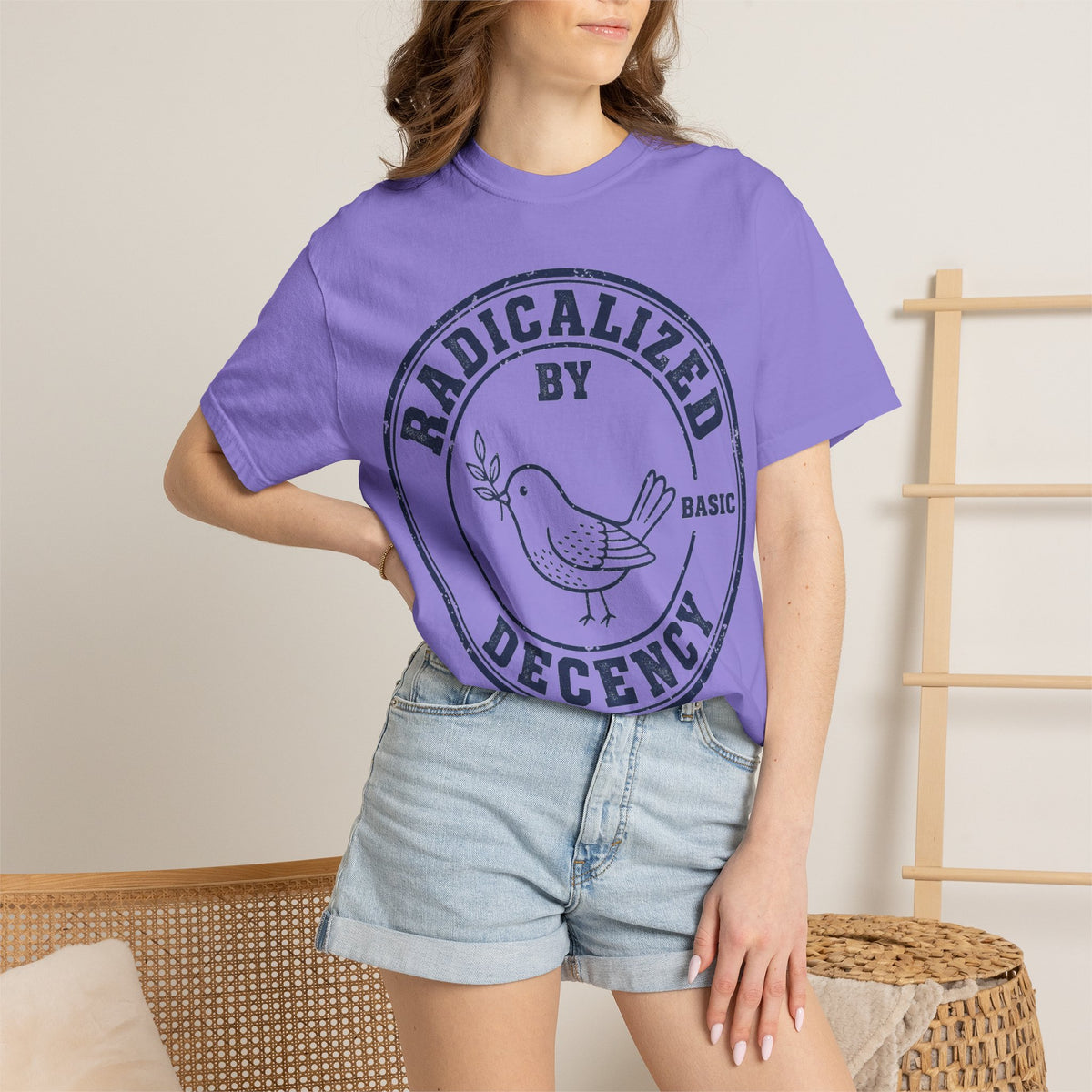 Radicalized By Basic Decency Navy Stamp Shirt, Line Art Dove Badge Tee, Kindness Protest Shirt, Activist Gift