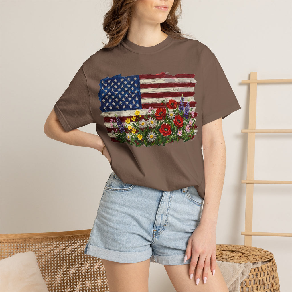 Painted Flag Wildflower Meadow Shirt, Impasto Americana Floral Tee, Patriotic Shirt, Independence Day Gift