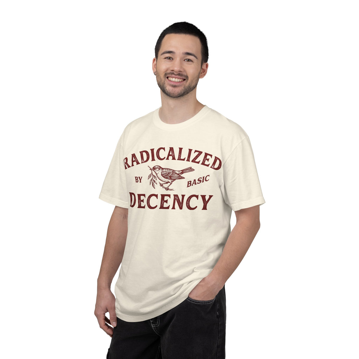 Radicalized By Basic Decency Bold Shirt, Engraved Bird Typography Tee, Kindness Statement Shirt, Protest Gift