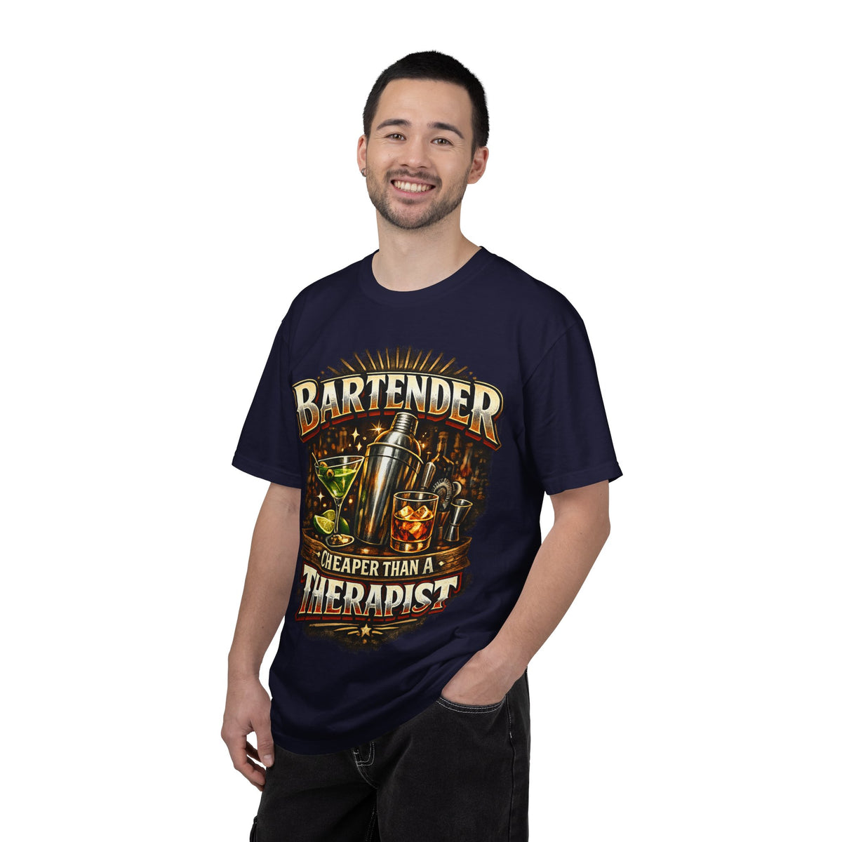 Bartender T-Shirt — "Bartender: Cheaper Than a Therapist" Vintage Bar Graphic Tee