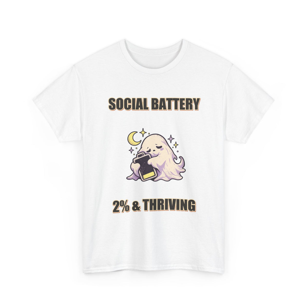 Social Battery 2% & Thriving – Moon Ghost T-Shirt