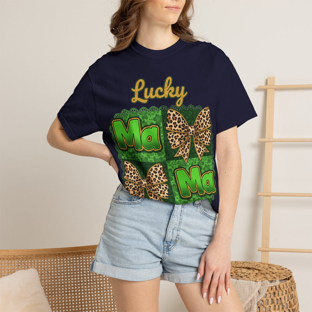 Lucky Mama Quad Shirt, Shamrock Leopard Bow Tee, St Patricks Day Mom Shirt, Irish Mama Gift
