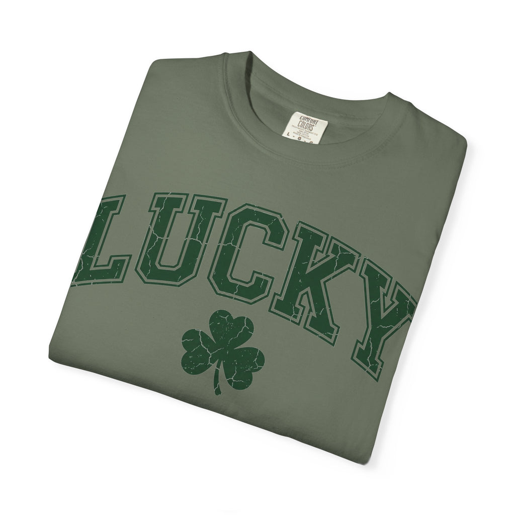 Lucky Shamrock Varsity Shirt, Distressed Green Clover Tee, St Patricks Day Collegiate Shirt, Irish Gift