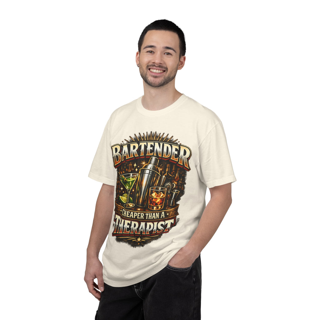 Bartender T-Shirt — "Bartender: Cheaper Than a Therapist" Vintage Bar Graphic Tee