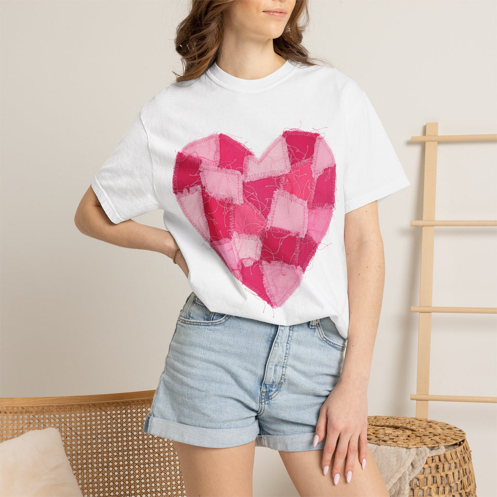 Hot Pink Patchwork Heart Shirt, Checkered Quilt Heart Tee, Frayed Applique Valentine Shirt, Gift For Her