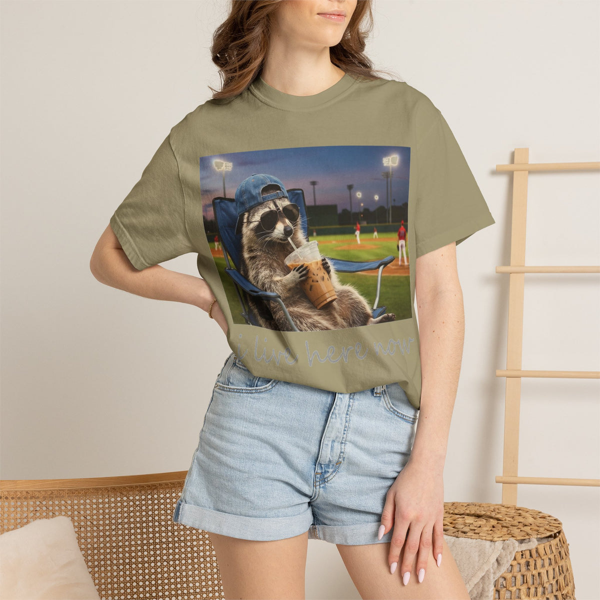 I Live Here Now Baseball Raccoon Shirt, Funny Sports Parent Tee, Iced Coffee Raccoon Shirt, Baseball Mom Gift