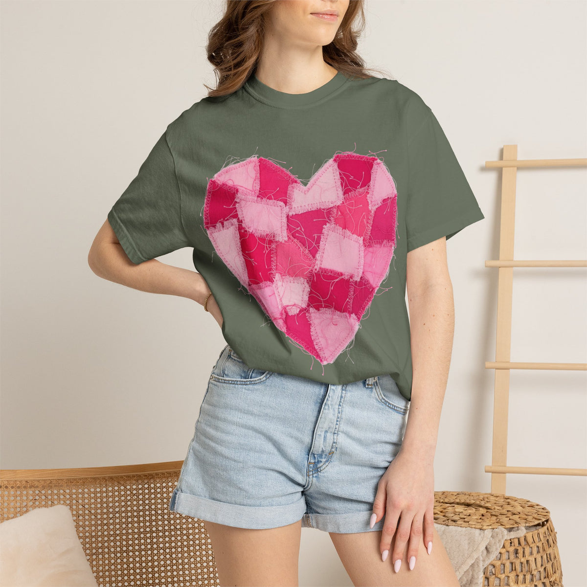 Hot Pink Patchwork Heart Shirt, Checkered Quilt Heart Tee, Frayed Applique Valentine Shirt, Gift For Her