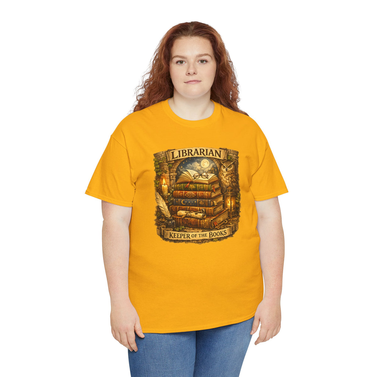 Librarian 'Keeper of the Books' T-Shirt — Vintage Bookstack & Owl Graphic
