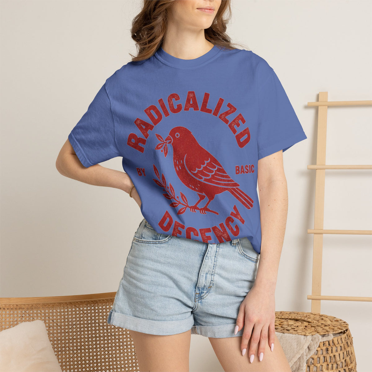Radicalized By Basic Decency Arched Shirt, Red Folk Bird Tee, Kindness Statement Shirt, Activist Gift