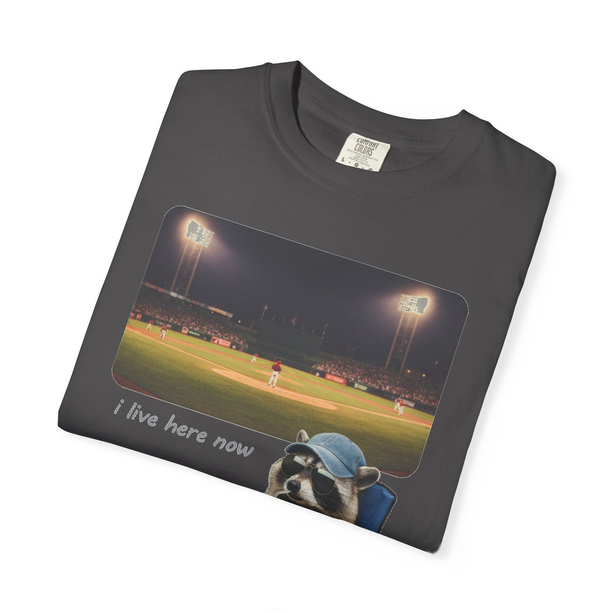 I Live Here Now Ballpark Raccoon Shirt, Funny Baseball Parent Tee, Camp Chair Raccoon Shirt, Sports Mom Gift