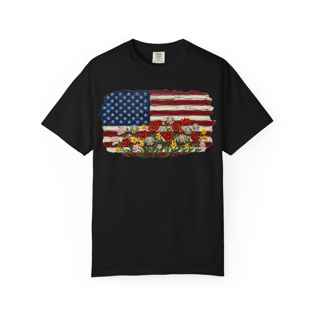 Impasto American Flag Wildflowers Shirt, Painted Flag Floral Tee, Patriotic Garden Shirt, Fourth Of July Gift
