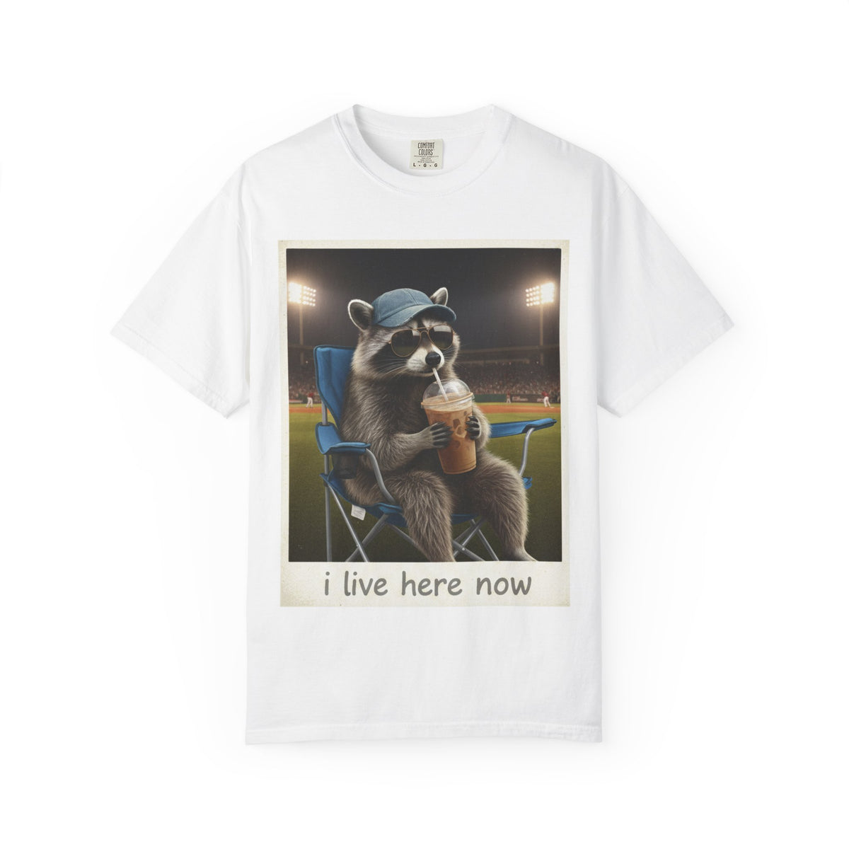 Baseball Raccoon Shirt, I Live Here Now Tee, Funny Ballpark Iced Coffee Shirt, Baseball Mom Gift