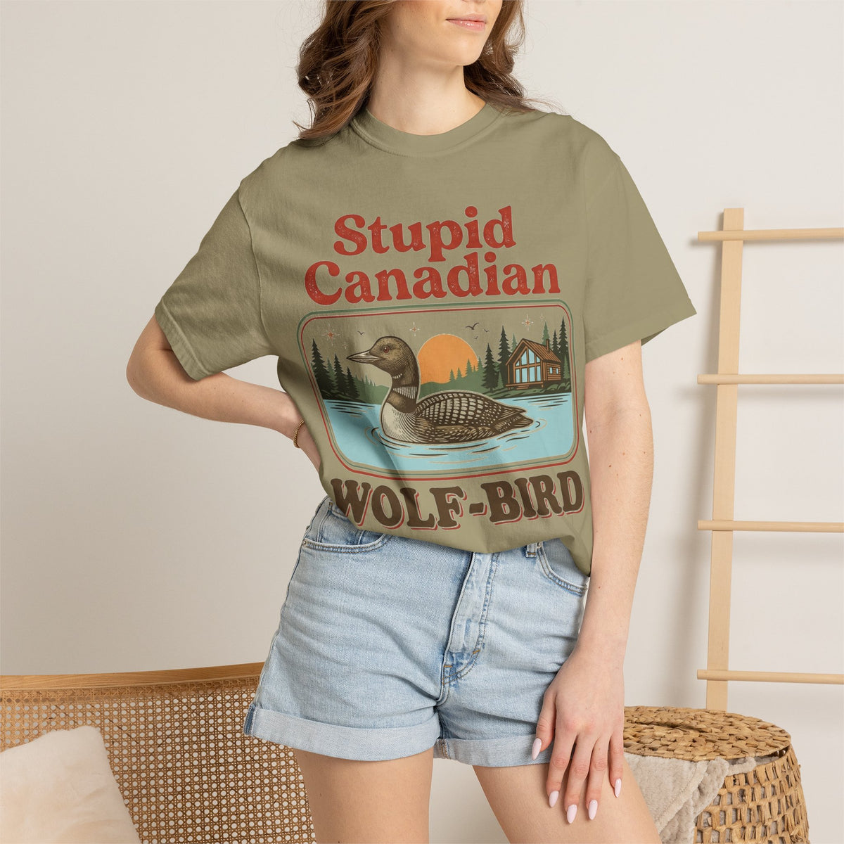 Stupid Canadian Wolf-Bird Classic Shirt, Loon Lake Scene Badge Tee, Funny Cabin Shirt, Lake Life Gift