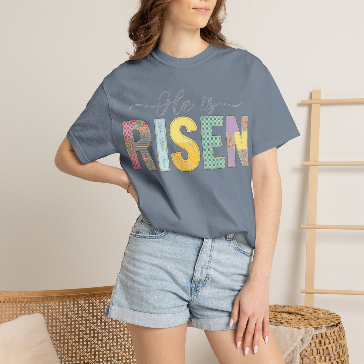 He Is Risen Floral Applique Shirt, Rose Gingham Easter Tee, Christian Patchwork Shirt, Easter Gift