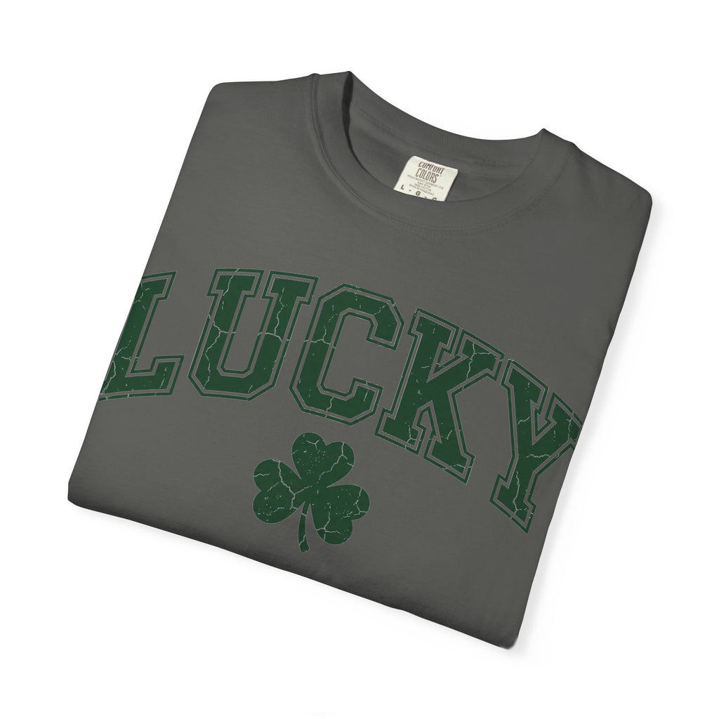 Lucky Shamrock Varsity Shirt, Distressed Green Clover Tee, St Patricks Day Collegiate Shirt, Irish Gift