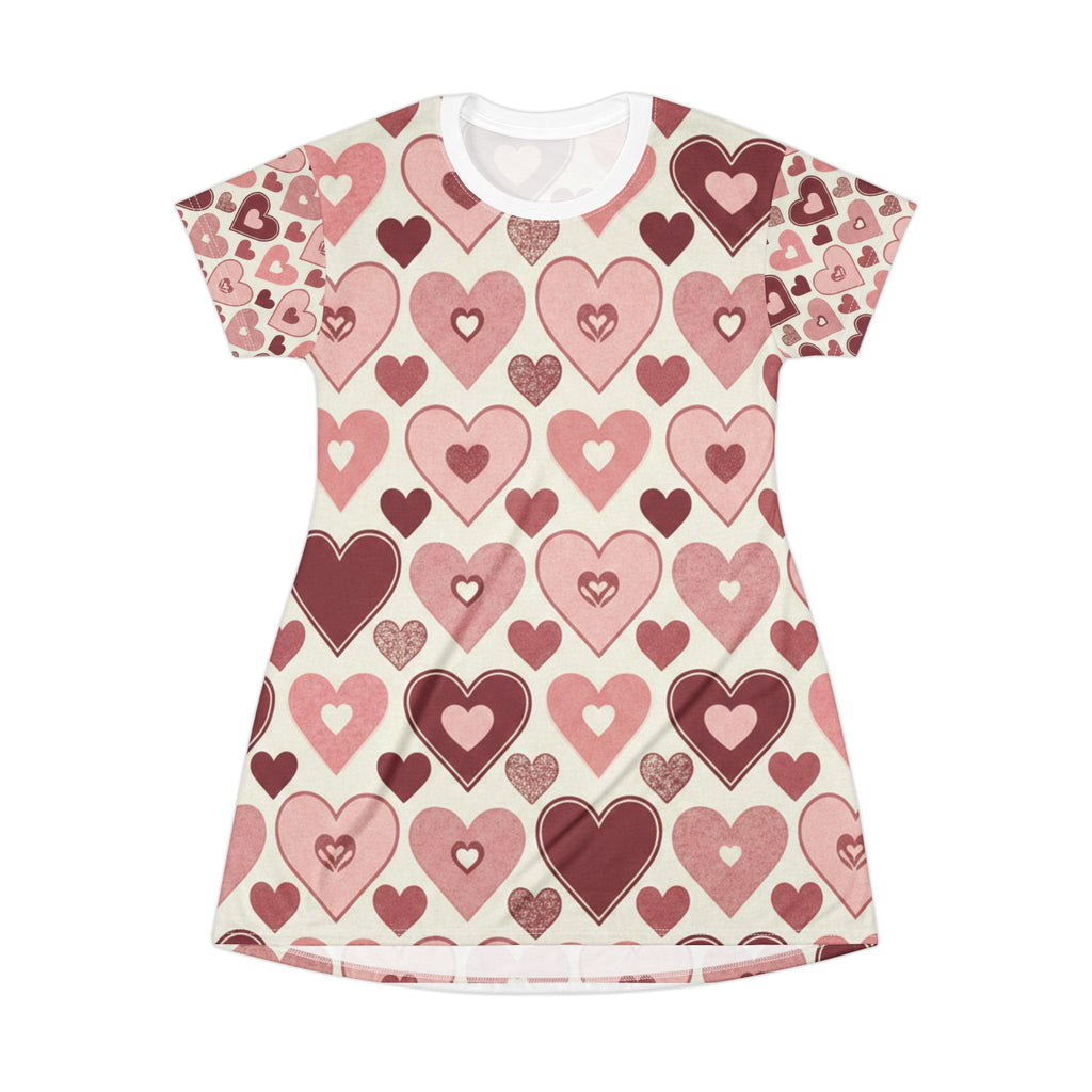 Pink Heart Pattern T‑Shirt Dress — Valentine’s Day All‑Over Print