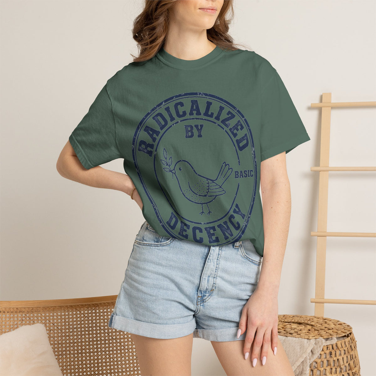 Radicalized By Basic Decency Navy Stamp Shirt, Line Art Dove Badge Tee, Kindness Protest Shirt, Activist Gift