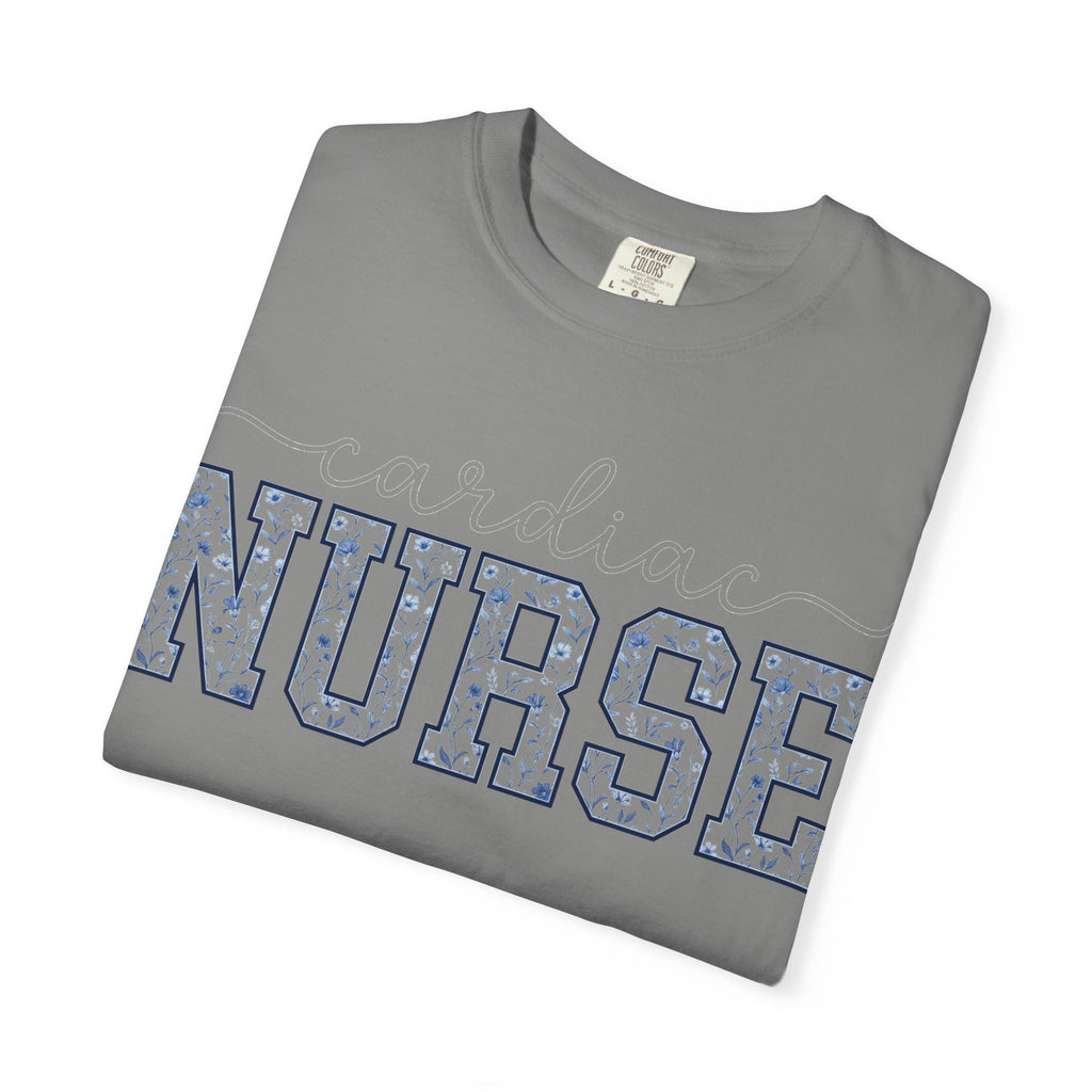 Cardiac Nurse Shirt, Blue Floral Varsity Nurse Tee, Cardiology RN Shirt, Cardiac Nurse Gift