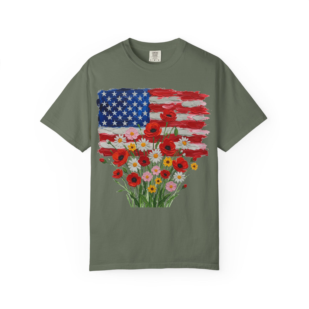 American Flag Poppy Bouquet Shirt, Impasto Patriotic Floral Tee, Memorial Day Shirt, Veterans Gift