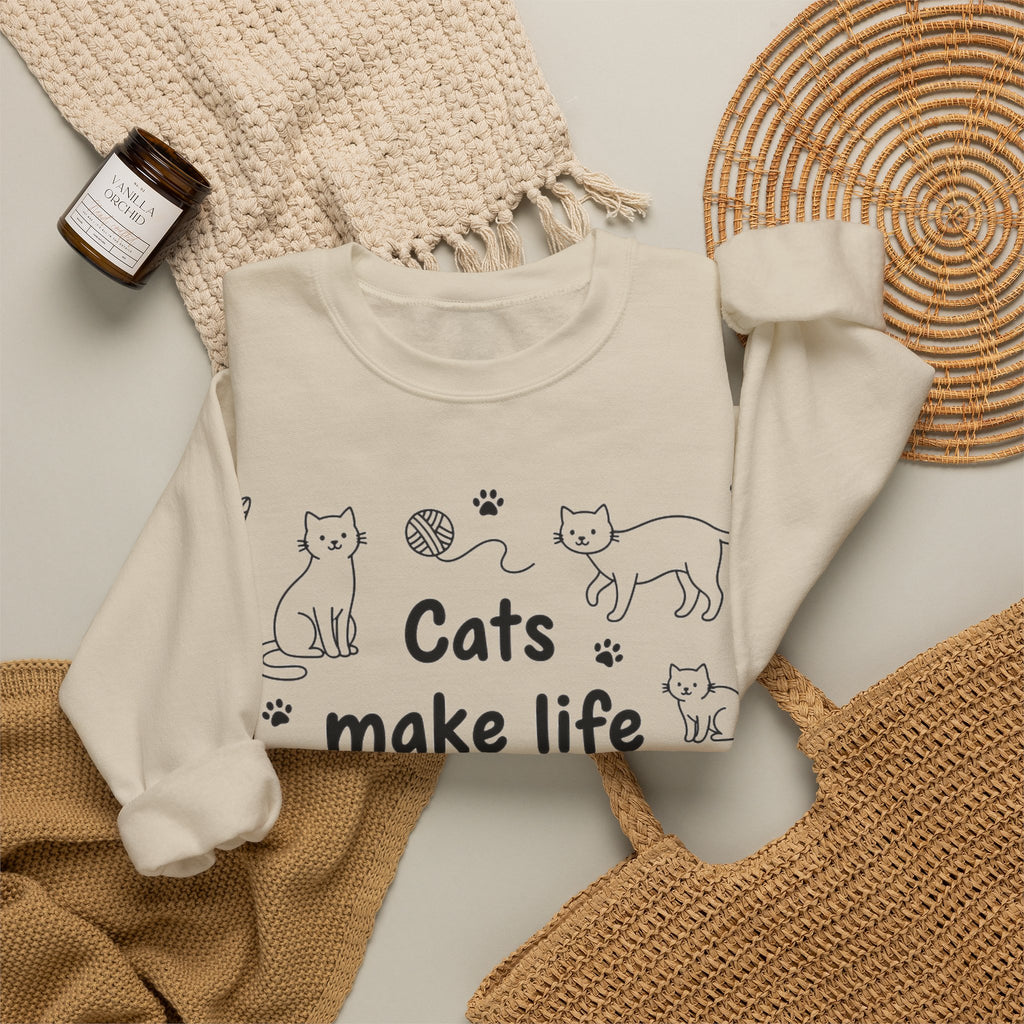 Cats Make Life Better Sweatshirt, Minimalist Cat Line Art Sweatshirt, Cat Lover Gift, Cat Mom Sweatshirt, Cute Kitten Doodle Sweatshirt, Cra