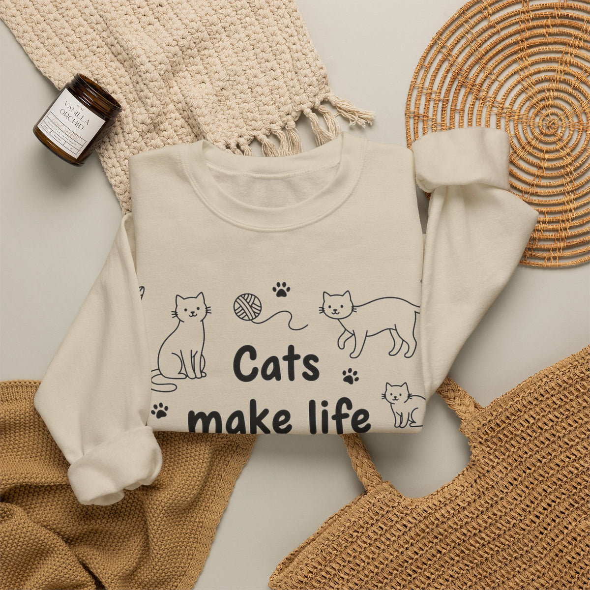 Cats Make Life Better Sweatshirt, Minimalist Cat Line Art Sweatshirt, Cat Lover Gift, Cat Mom Sweatshirt, Cute Kitten Doodle Sweatshirt, Cra