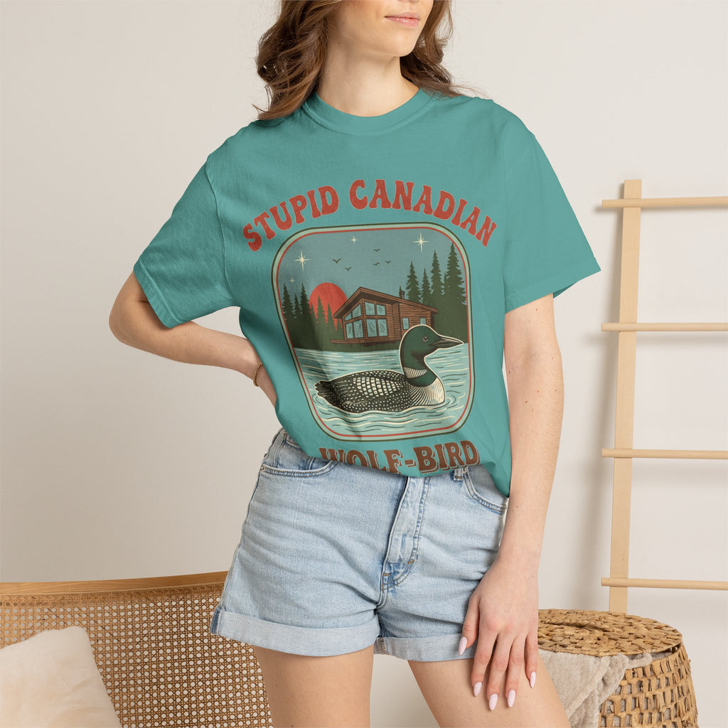Stupid Canadian Wolf-Bird Arched Shirt, Retro Loon Sunset Badge Tee, Funny Lake Shirt, Cabin Gift
