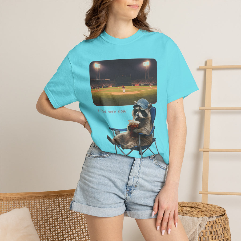 I Live Here Now Ballpark Raccoon Shirt, Funny Baseball Parent Tee, Camp Chair Raccoon Shirt, Sports Mom Gift