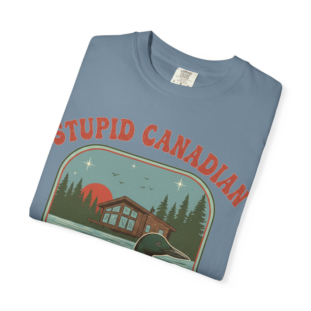 Stupid Canadian Wolf-Bird Arched Shirt, Retro Loon Sunset Badge Tee, Funny Lake Shirt, Cabin Gift